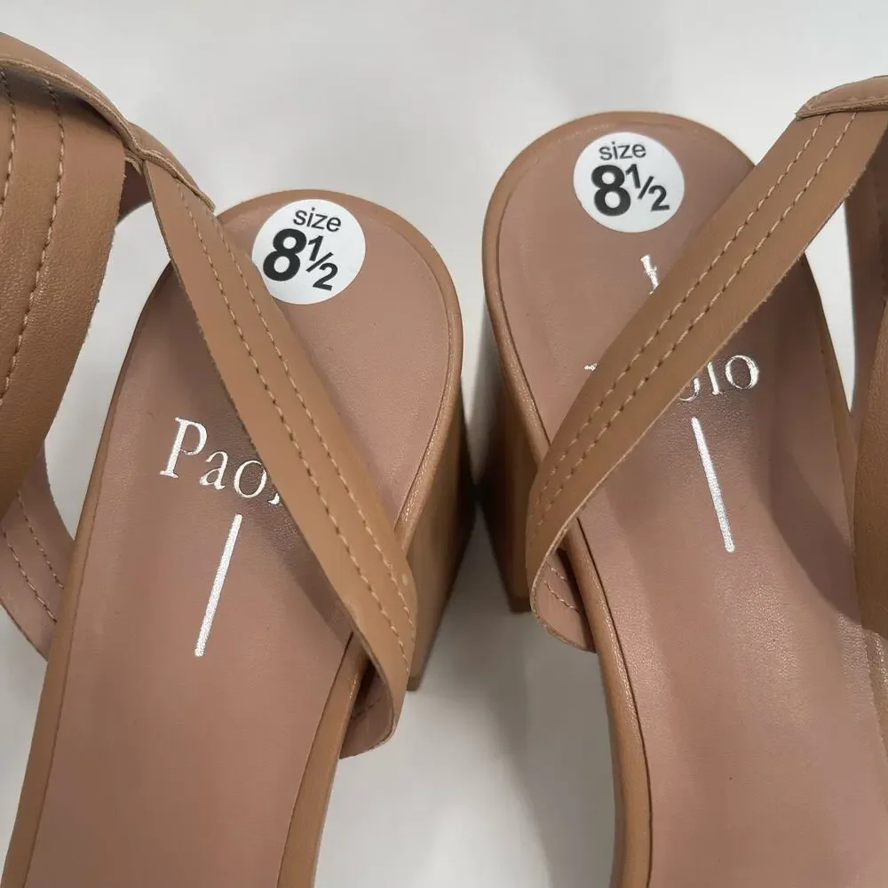 LINEA PAOLO Heels Size 8.5 Emmie Tan Strappy Ankle Block Heel Heeled Sandal